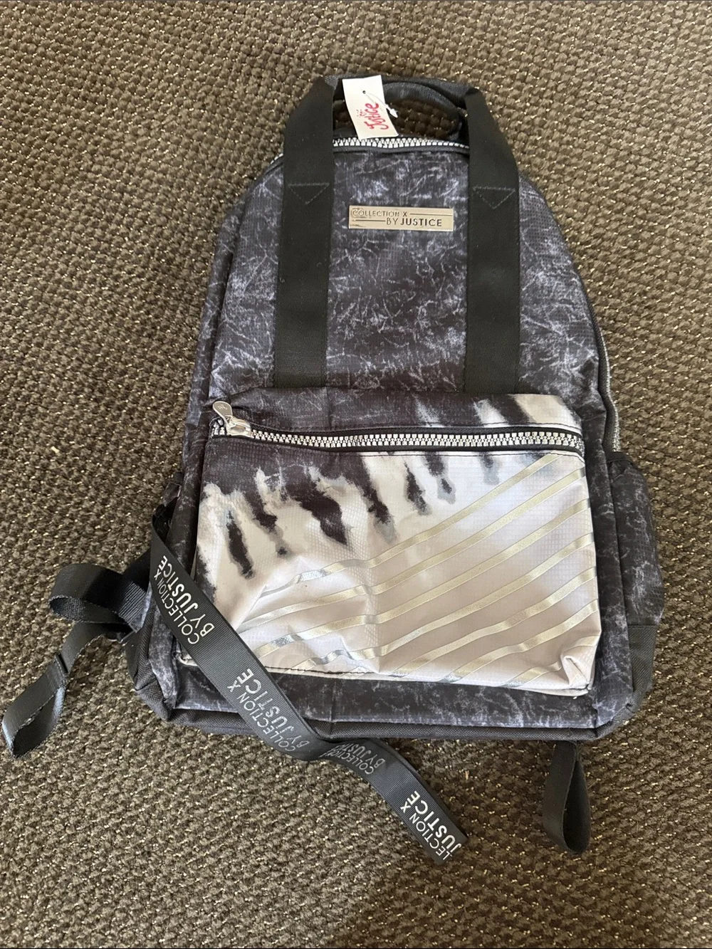 Justice Black and Silver Marble-Print Backpack
